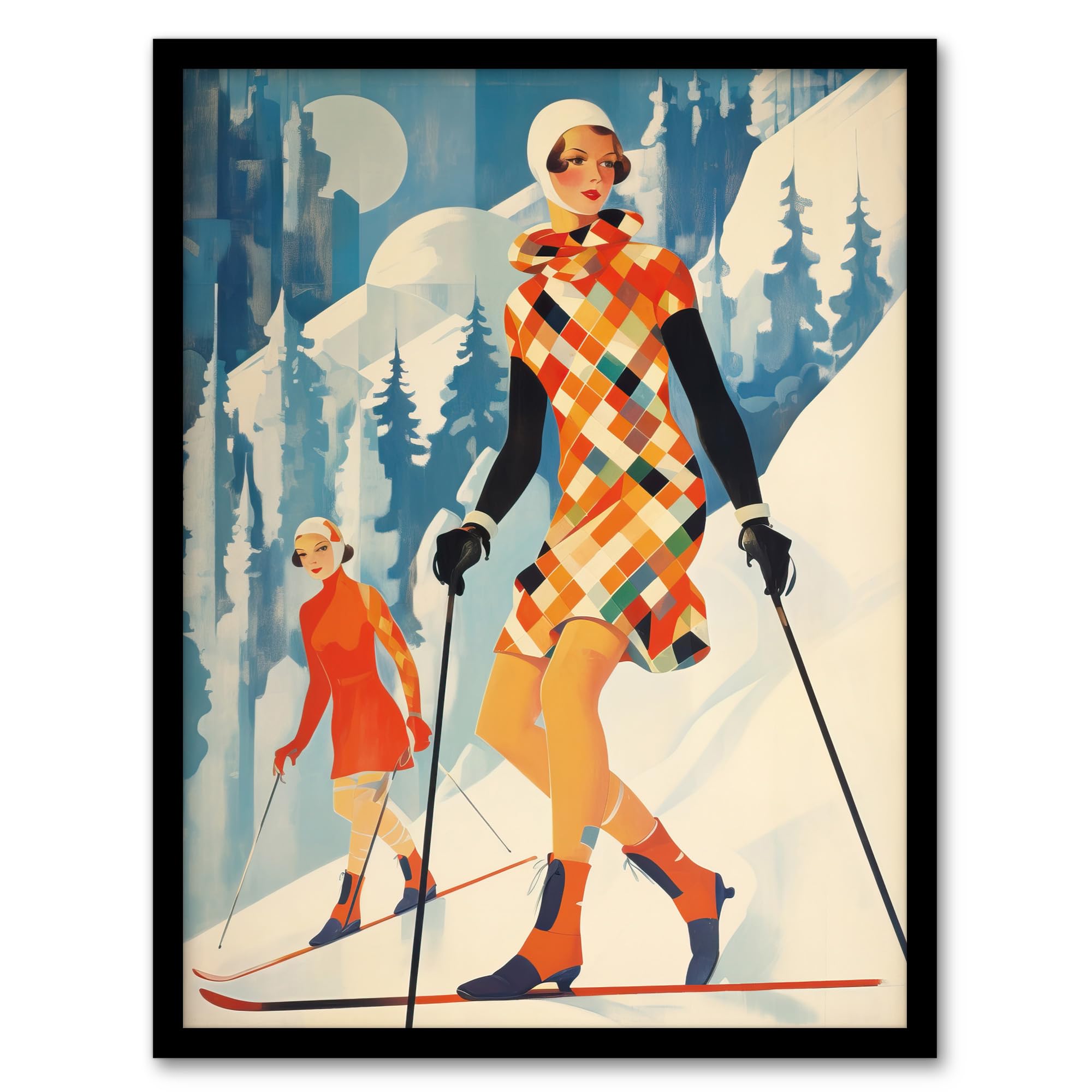 Wee Blue Coo Klosters Chic Fashion Skier Women Going Down Slopes Orange Blue Bright Retro Oil Painting Artwork Framed Wall Art Print 18X24 Inch