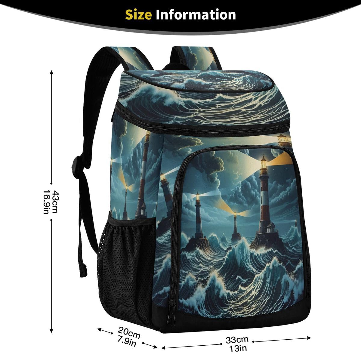Ocean Lighthouse Wave Teal Cooler Backpack Leakproof Insulated Lunch Cooler Bag 30 Cans Camping Backpacks for Road Trip Picnic Beach