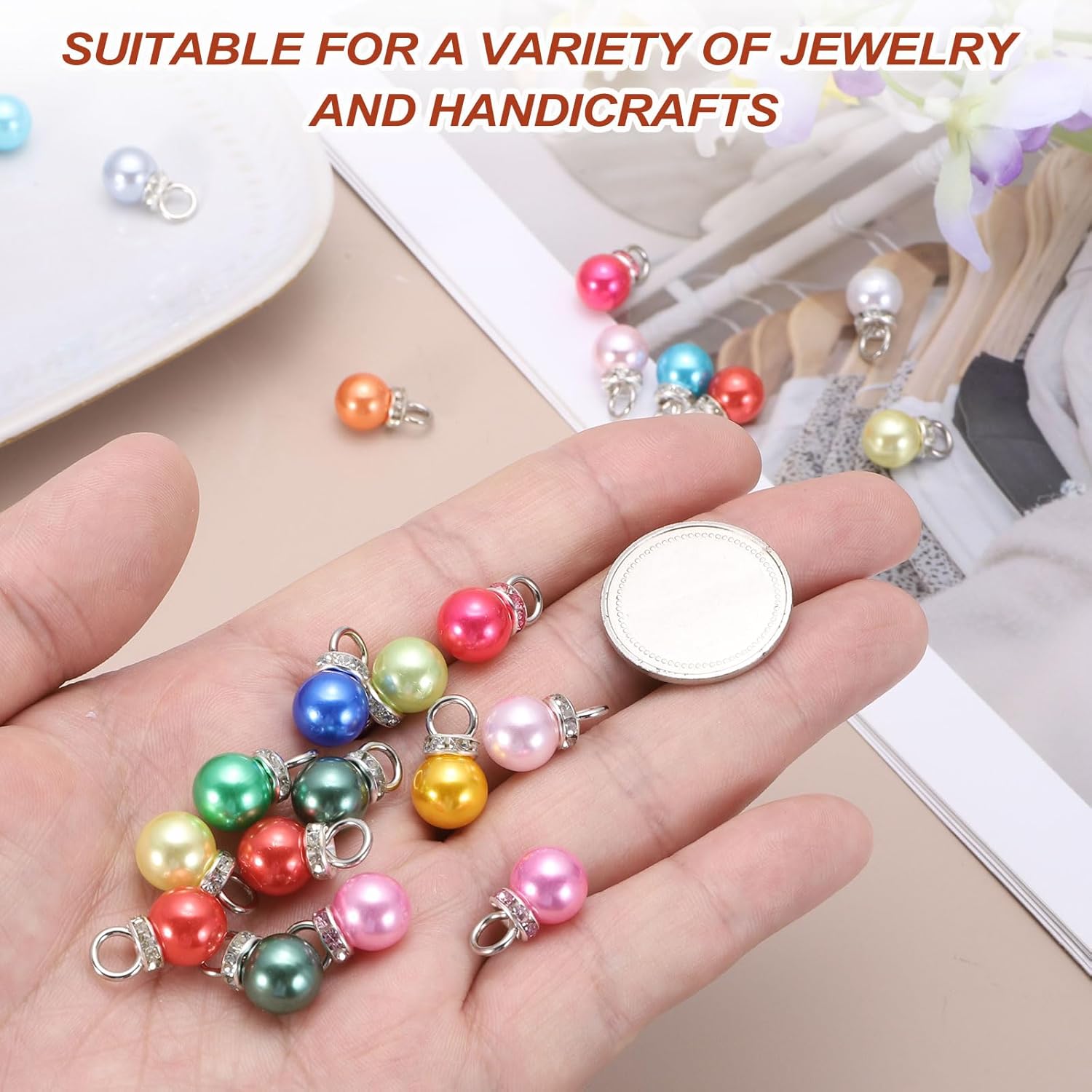 MECCANIXITY 100Pcs Imitation Pearl Pendant 10mm Faux Pearl Beads with Rhinestone for Dangle Jewelry Making Earrings Necklace Bracelets Crafts, Brown - Image 4