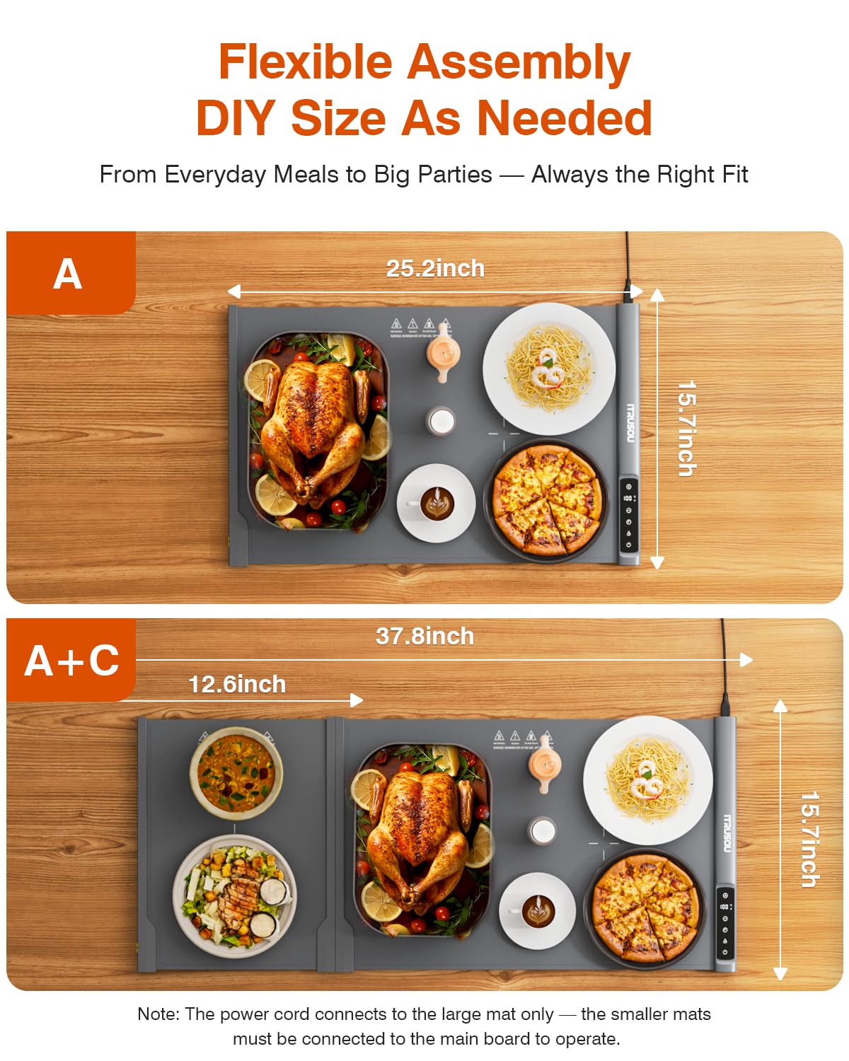 Expandable Warming Mat for Food – iTRUSOU 38"x16" Silicone Warming Tray with 7 Temp Settings, Switchable℃/℉, 99H Timer, Child Lock – 2 Panels Custom Sizes for Energy Efficiency — Amazon image 6