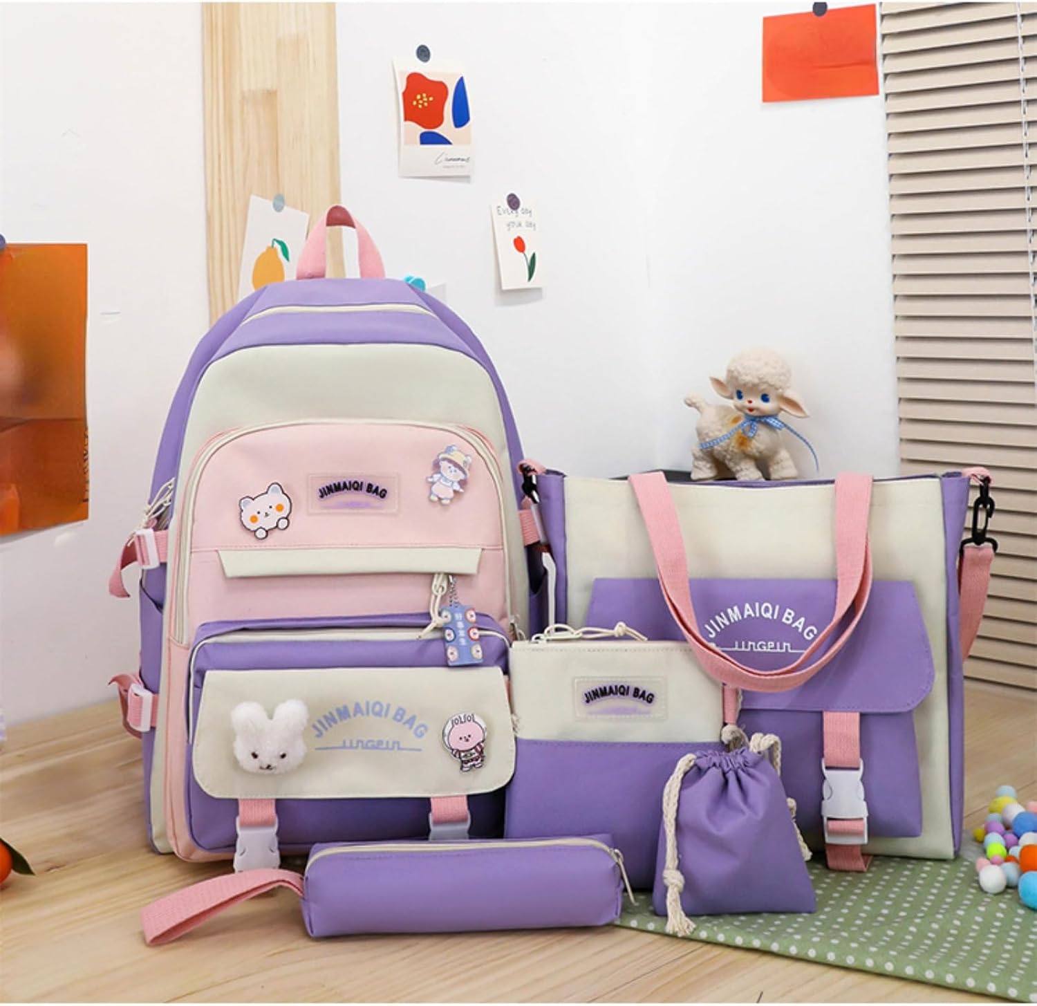 5Pcs Kawaii Cute Backpacks Combo Set with Bear Pendant Pins Patchwork Japanese Aesthetic Anime Bunny Daypack Bag Kit (Purple) image 5