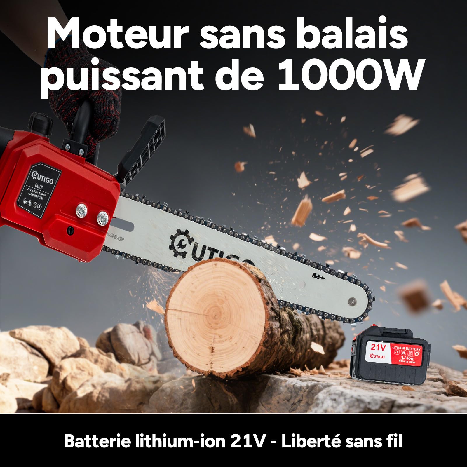 OUTIGO Tronçonneuse à batterie, Tronçonneuse, Tronçonneuse 12 pouces 2 * 4500 mah Batteries, 1Chaînes et 1lames, MINI Tronçonneuse électrique sans fil 1000w