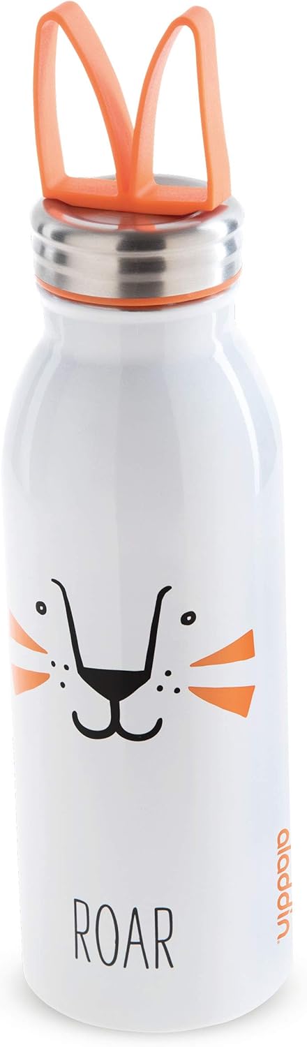 Aladdin Zoo Thermavac Stainless Steel Childrens Water Bottle 0.43L Lion – Keeps Cold for 7 Hours - Soft Silicone Fingerloop - Kids Water Bottles for School - BPA-Free Thermos Flask - Leakproof