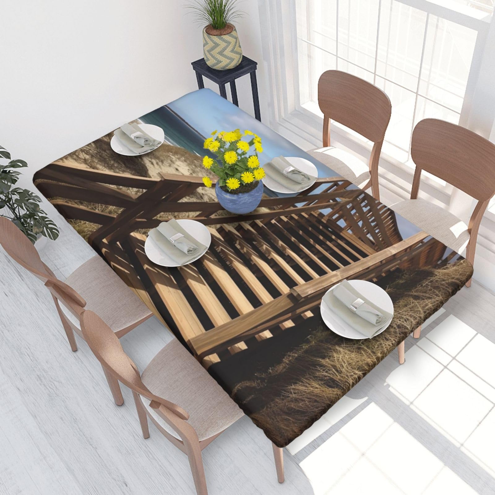 Board Walk Stair Waterproof Square Table Cover Elastic Fitted Tablecloth Oil Proof Table Protector For 4ft Table
