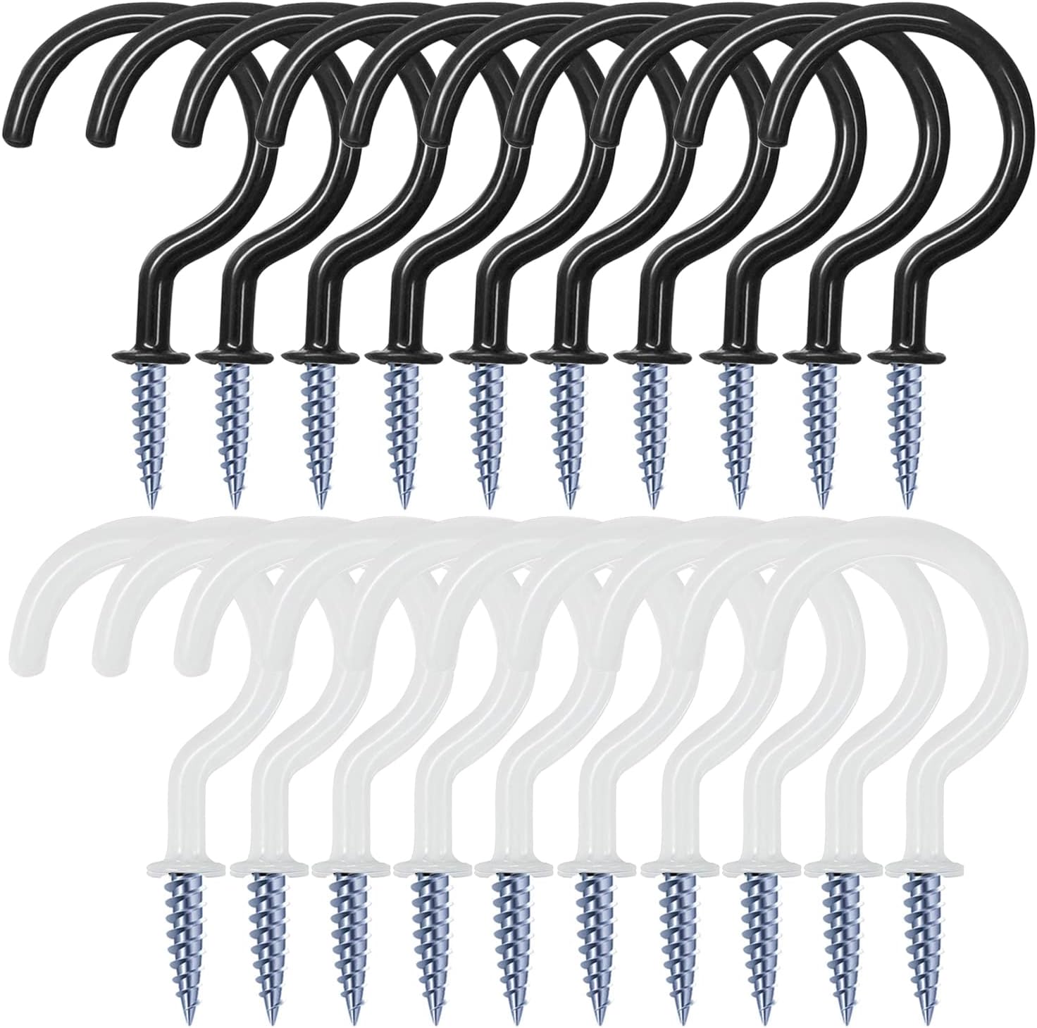 20 Pack 2.9 Inch Vinyl Coated Screw-In Wall Hooks, Mix Color (10 Black+10 White), Great for Indoor & Outdoor Use