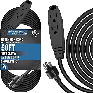 50-Feet 3 Outlet Extension Cord, Kasonic UL Listed, 16/3 SJTW 3-Wire Grounded, 13 Amp 125 V 1625 Watts, Multi-Outlet Indoor/Outdoor Use, Black