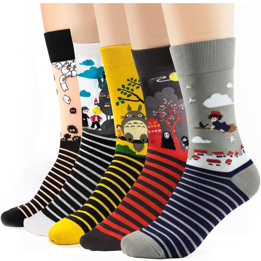 SOCK 5 Pairs Stripe Colorful Patterned Medium High Top Cotton Crew Socks for Women, Kawaii Cartoon Howl, Kiki, ect