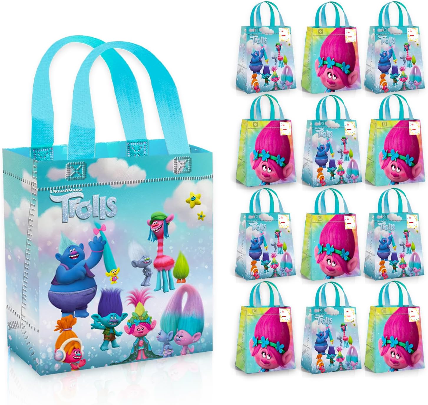 Trolls Party Favor Bags for Kids Birthday 12 Pack Bundle | Mini 8" Trolls Party Goodie Bags, Bulk Reusable Tote Canvas Gift Bags - Trolls Party Supplies for Boys Girls