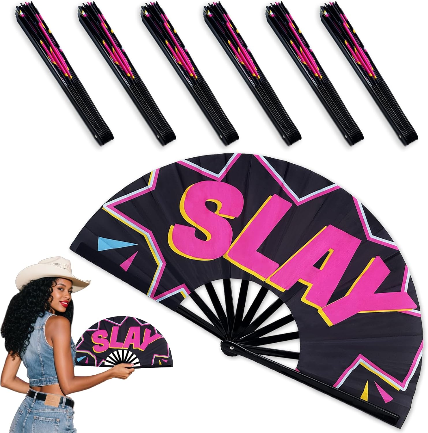HJX 6Pcs Boots On The Ground Hand Fan Clacking Fans for Line Dancing, 13'' Large Rave Popping Folding Fan for Women Men