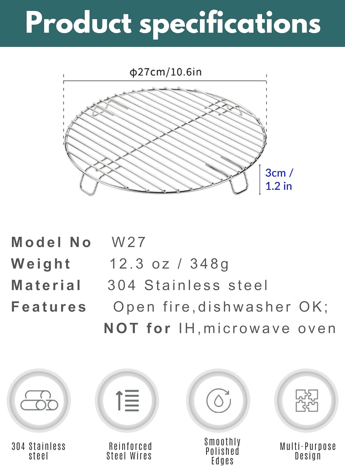 CAMPINGMOON 10.6 Inch Round Cooling Rack 304 Stainless Steel Steamer W27