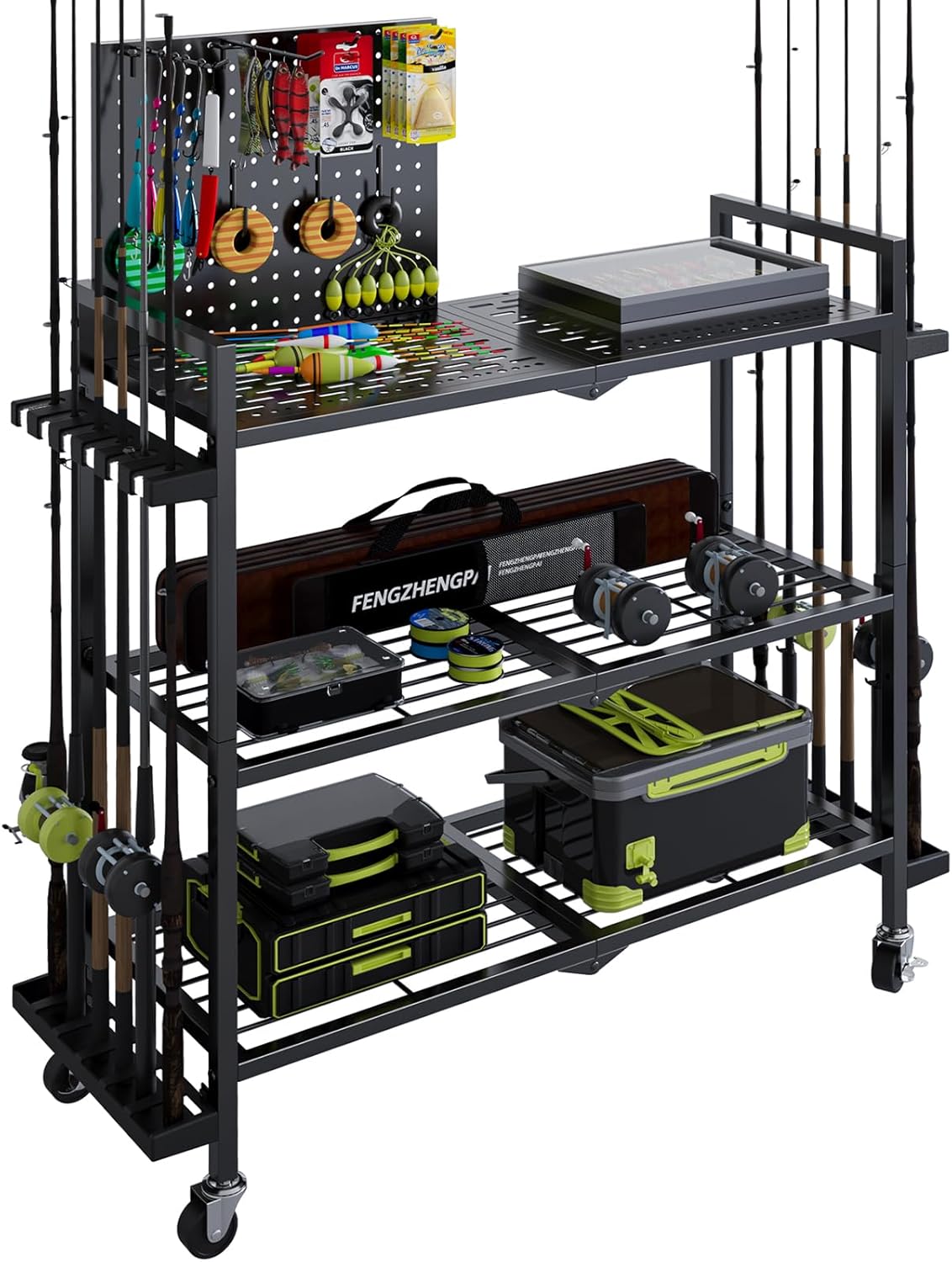 Fishing Rod Holders for Garage, Fishing Rod Stand with Wheels and Pegboard, 3-Tier Pole Storage Rack with 12 Rod Slots, Ideal for Tackle, Backpacks, and Gear Black