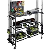 Fishing Rod Holders for Garage, Fishing Rod Stand with Wheels and Pegboard, 3-Tier Pole Storage Rack with 12 Rod Slots, Ideal for Tackle, Backpacks, and Gear Black