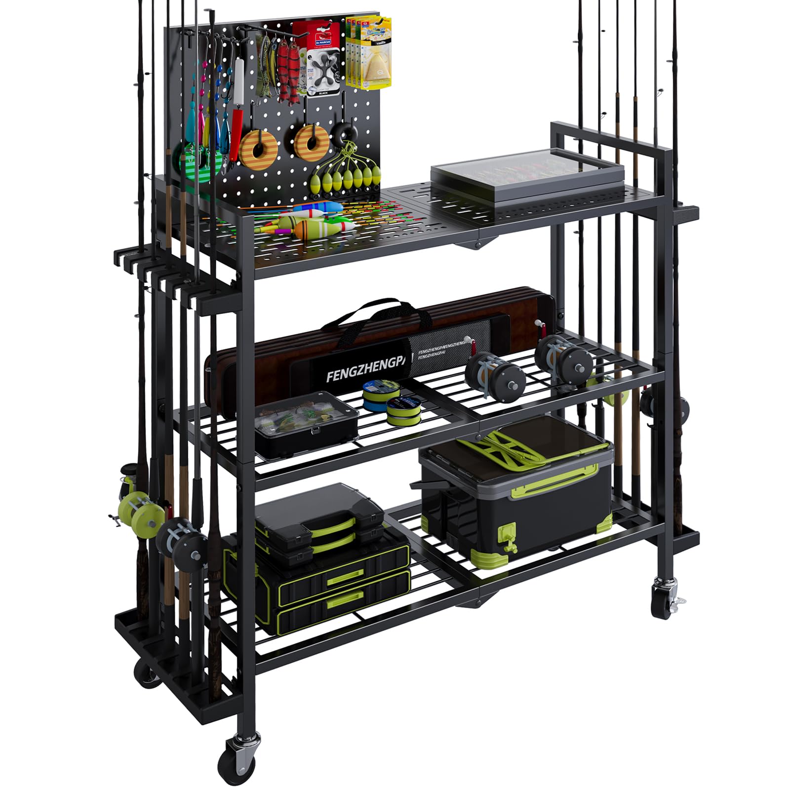 Fishing Rod Holders for Garage, Fishing Rod Stand with Wheels and Pegboard, 3-Tier Pole Storage Rack with 8 Hooks and 12 Rod Slots, Ideal for Tackle, Backpacks, and Gear