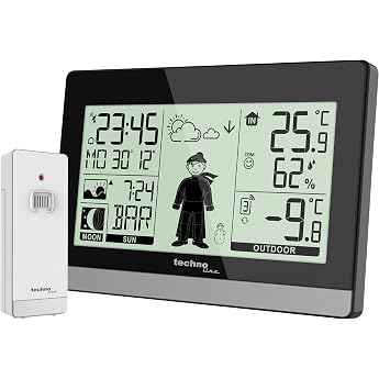 techno line WS 9612 Wireless Weather Station with Outdoor Sensor Radio-Controlled Clock DCF Indoor Outdoor Temperature Humidity Weather Forecast Sunrise Sunset Moon Phase Black