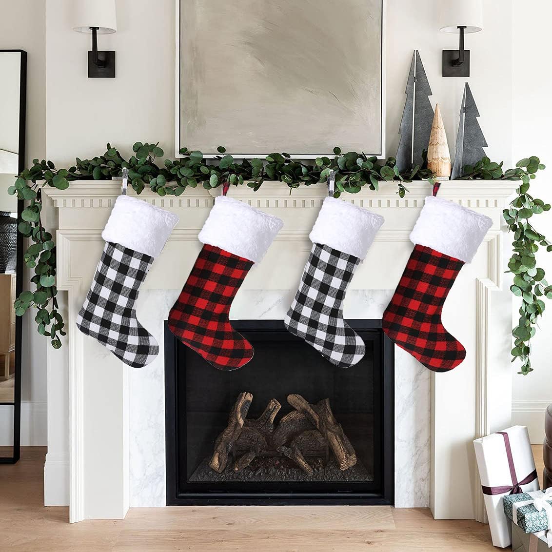 Christmas Stockings Set of 6 Pack, Buffalo Plaid Christmas Stockings Decorations, 19 Inch Black White Red Plaid Christmas Stockings, Farmhouse Family Christmas Decor, Xmas Stockings 6