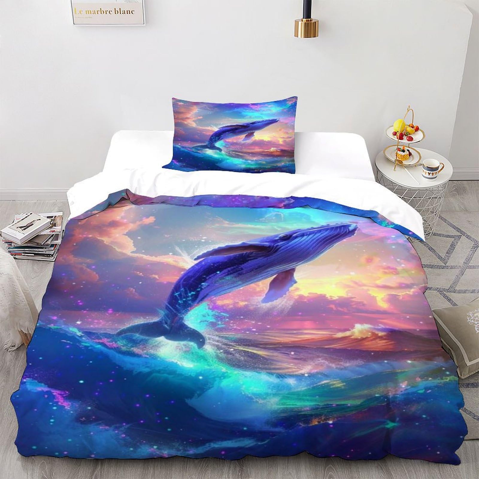 Whale Galaxy Bedding Set Digital Printe Animal Theme Wildlife Marine Animal Duvet Cover Set Microfiber Quilt Cover Suitable for Family,couple,children Pillowcase Single（135x200cm）