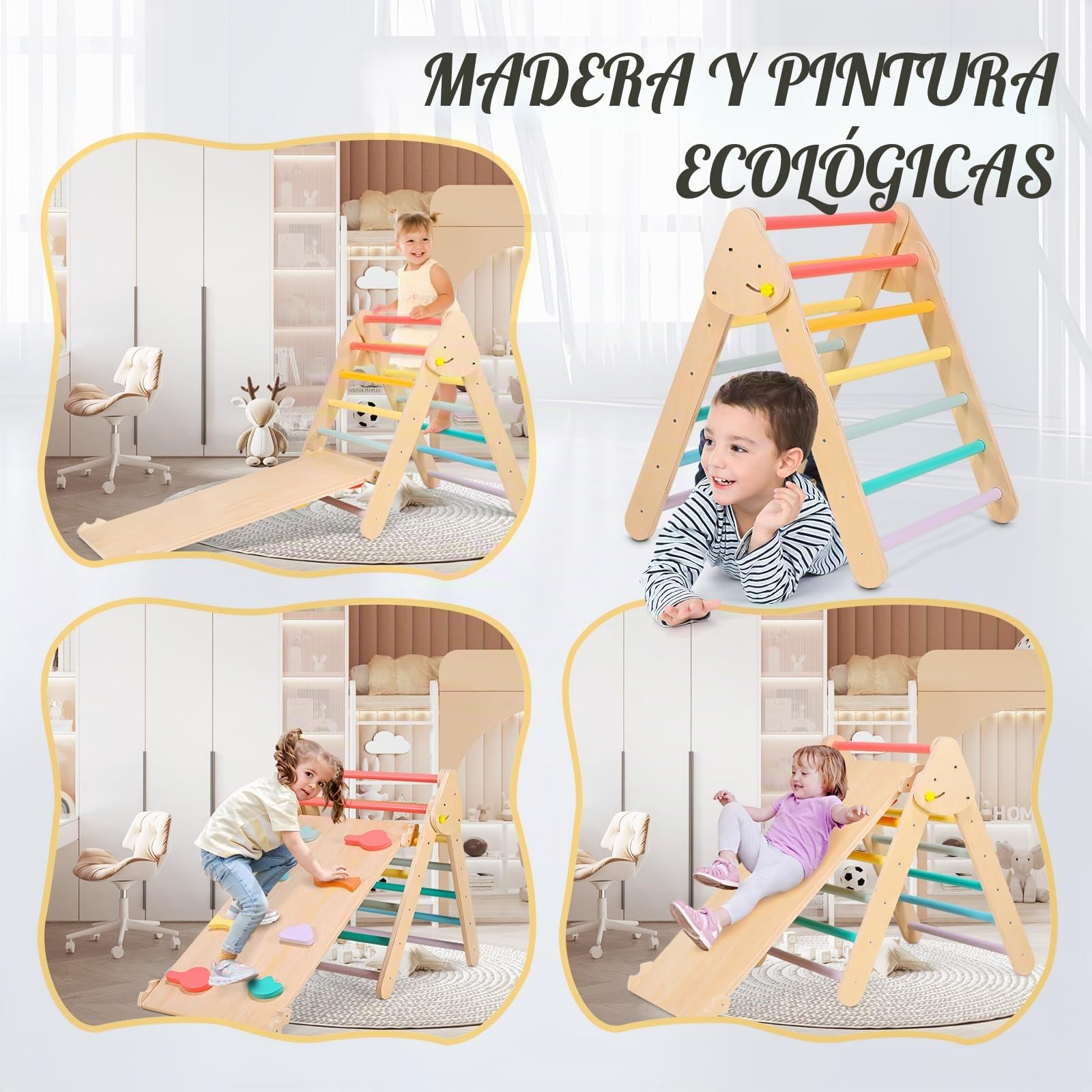 Escalera de Escalada Triangular Plegable, Swing de Madera, Juguete de Escalada Montessori, Carga 50kg para Interiores y Exteriores (2 en 1)