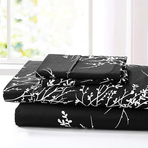 Spirit Linen Home - Juego de sábanas de 4 piezas Foliage de larga duración 1800 ropa de cama de microfibra suave con sábana bajera ajustable 2