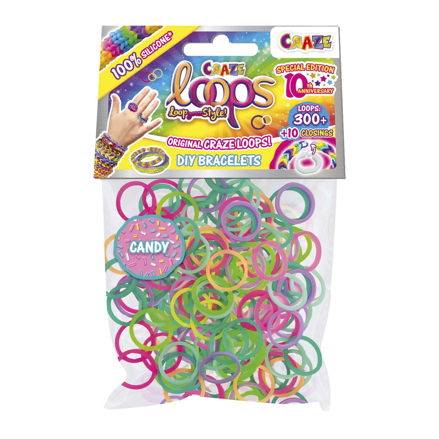 CRAZE loops Bag 300 Loom Bands Refill Pack with 300 Rubber Bands and 10 Clasps, Colour Mix, 100% Skin-Friendly Silicone