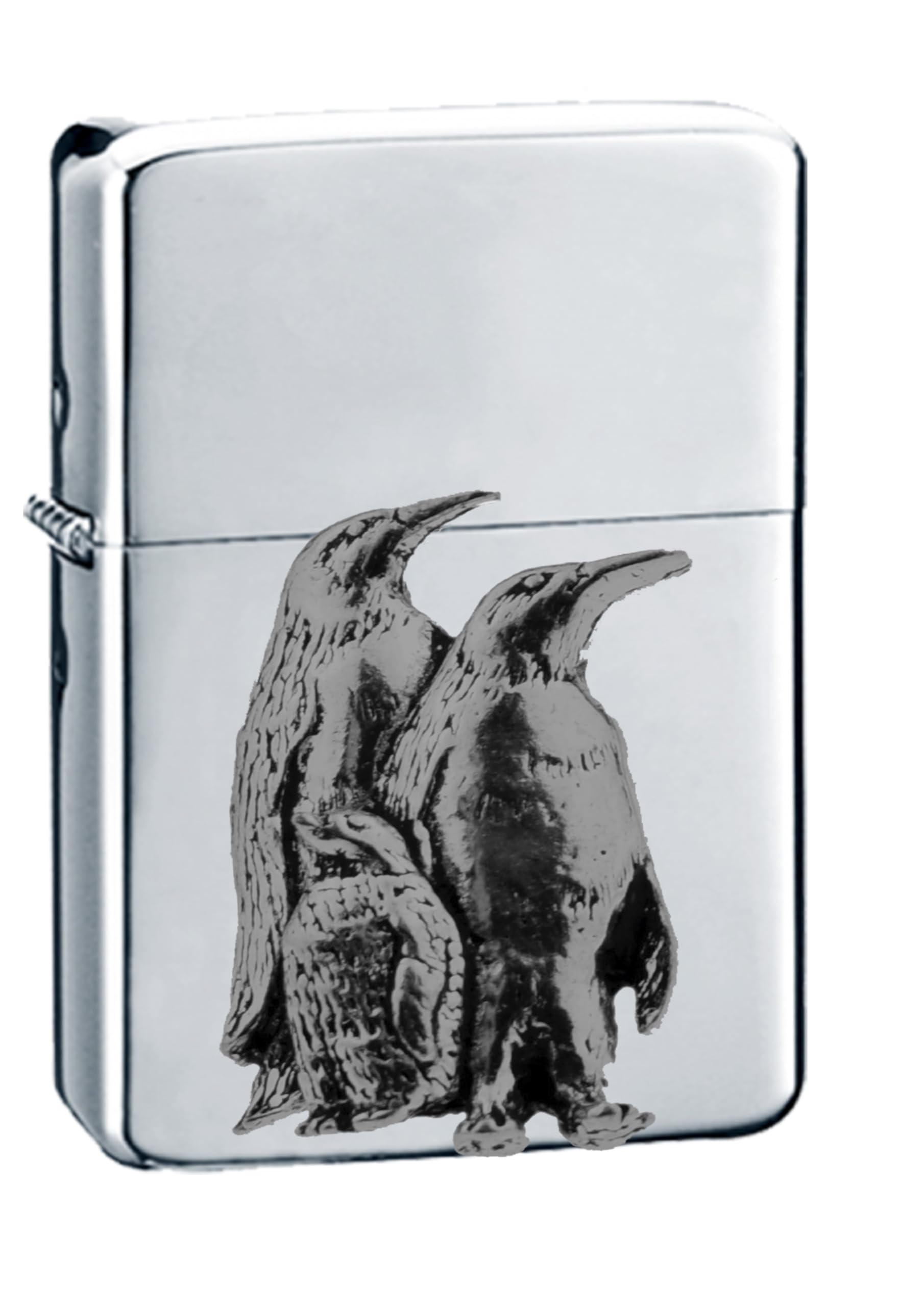 Briquet pingouins en étain anglais et chrome argenté coupe-vent