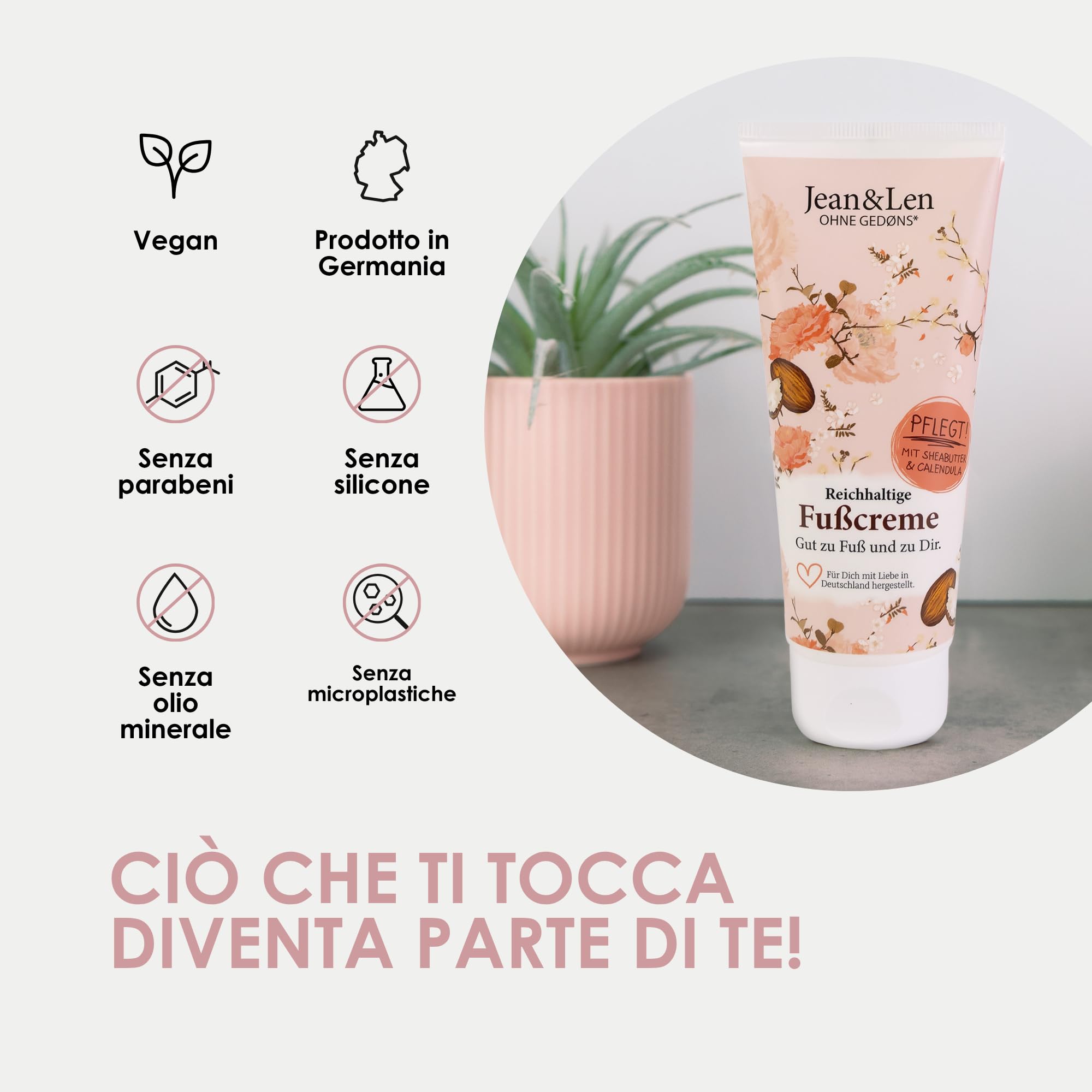 Jean & Len crema piedi burro di karité e calendula, per pelle secca e stressata, cura a fondo e rende i piedi morbidi, profumo rosmarino e zenzero, Foot Cream, senza parabeni e siliconi, 100 ml