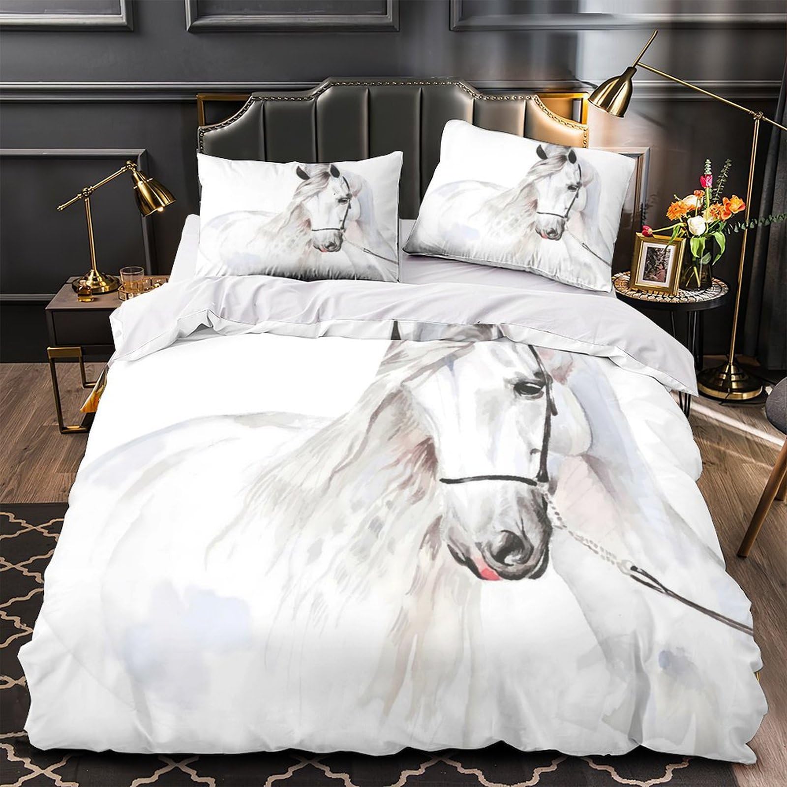 Housse de couette cheval blanc aquarelle pour créer une ambiance cocooning et naturelle en famille