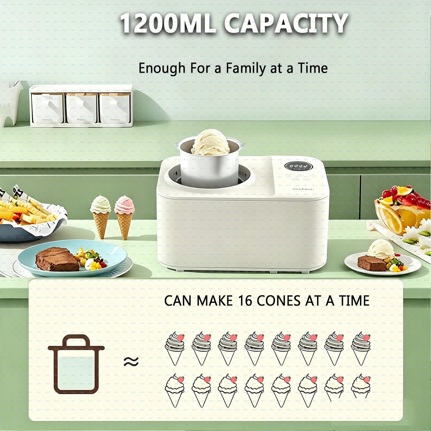 Heladera y Postrera Automática 1,2L | Compresor | Sin Precongelado | Máquina Helado Suave para Helado, Sorbete & Yogur en 30 Min – 4 Modos, Pantalla Digital, Mantiene Frío 10 Min