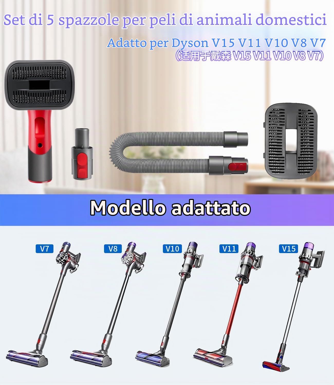 Spazzola per Cani,Peli Cane Gatto Compatibile per DysonV15 V11 V10 V8 V7,Spazzola Aspira Peli Animali Domestici con Adattatore Convertitore,1Tubo di prolunga, 2 Spazzolini,Pet Grooming Kit Ricambi