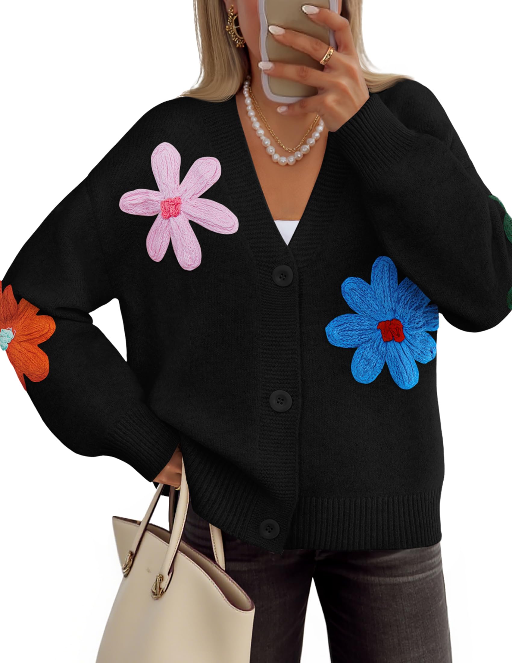ZESICA Womens Fall Floral Cardigan Sweaters 2026 Casual Long Sleeve Open Front Button Down V Neck Knit Sweater
