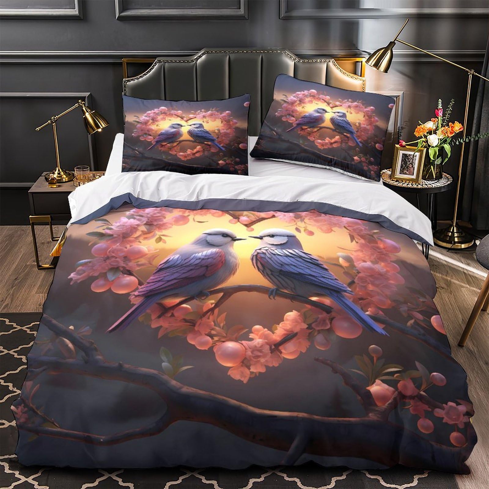 Housse de couette oiseaux romantiques anti-acarien et ultra douce