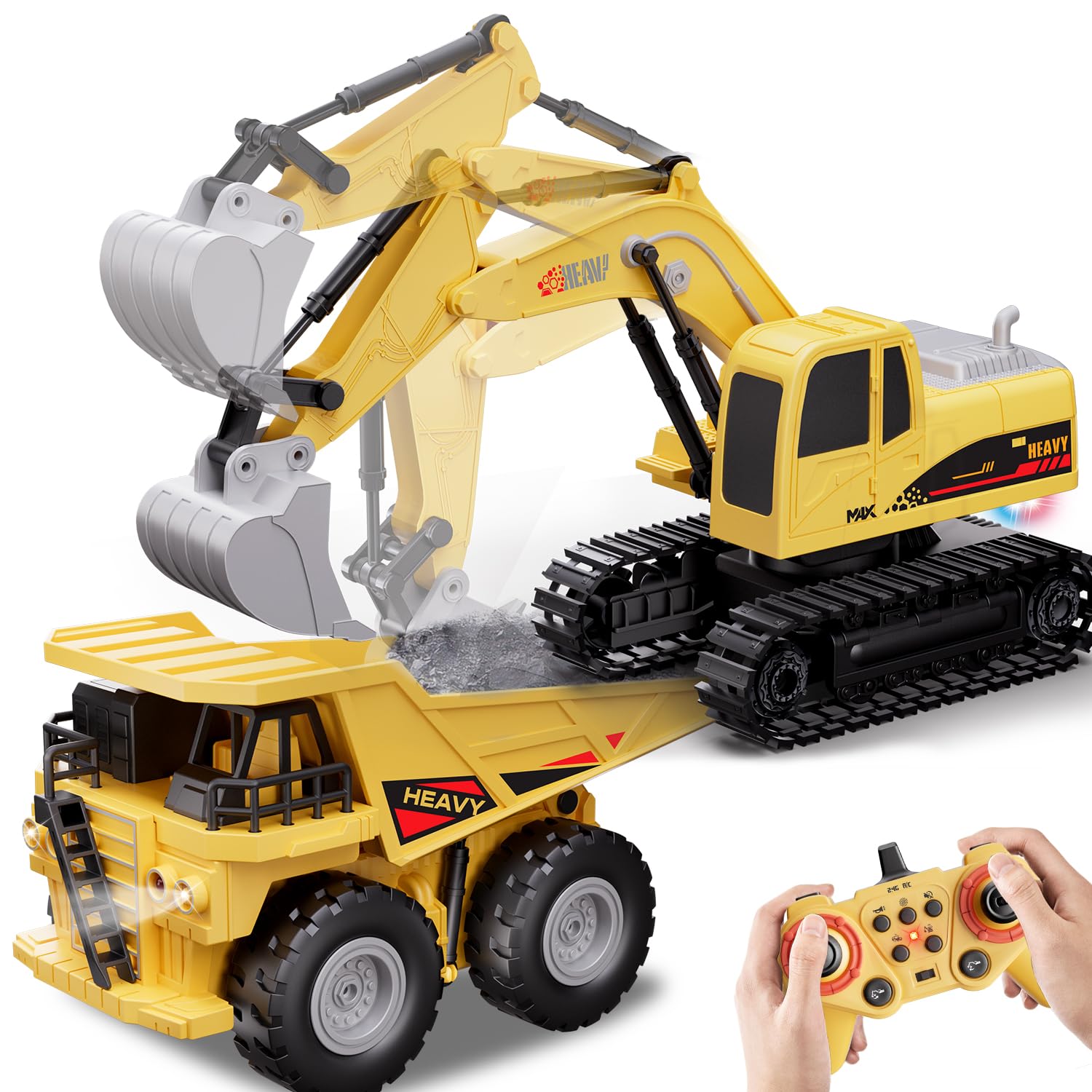Bonikita Remote Control digger + Dumper Truck Toy Set, remote control Excavator & Dump. Suitable for children ages 3, 4, 5, 6, 7, and 8.