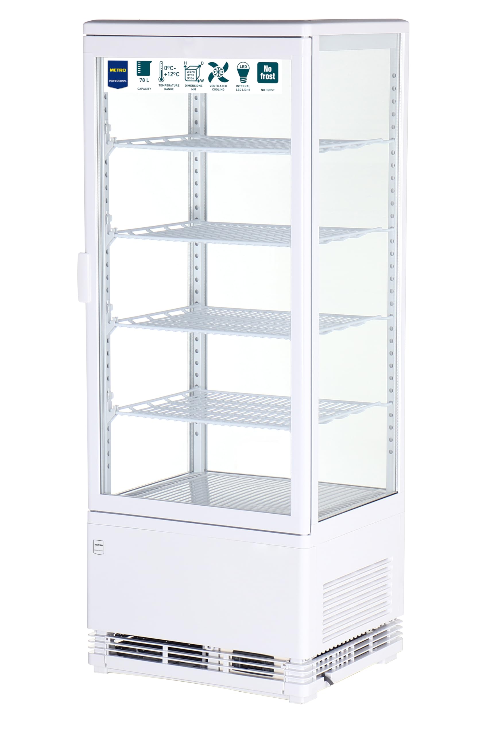 METRO Professional Panorama Kühlvitrine GGC2098, 42.8 x 38.6 x 111 cm, 98 L, 4 verstellbare Einlegeböden, LED-Beleuchtung, Weiß