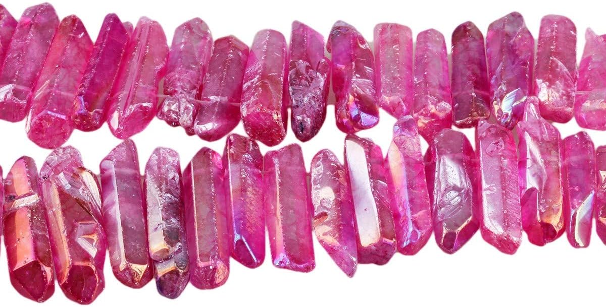 TUMBEELLUWA Rock Quartz Crystal Points Loose Beads for Jewelry Making, Titanium Coated Polished/Raw Quartz Beads 15 Inches Top Drilled,Fuchsia Crystal Points(0.5"-1.6")