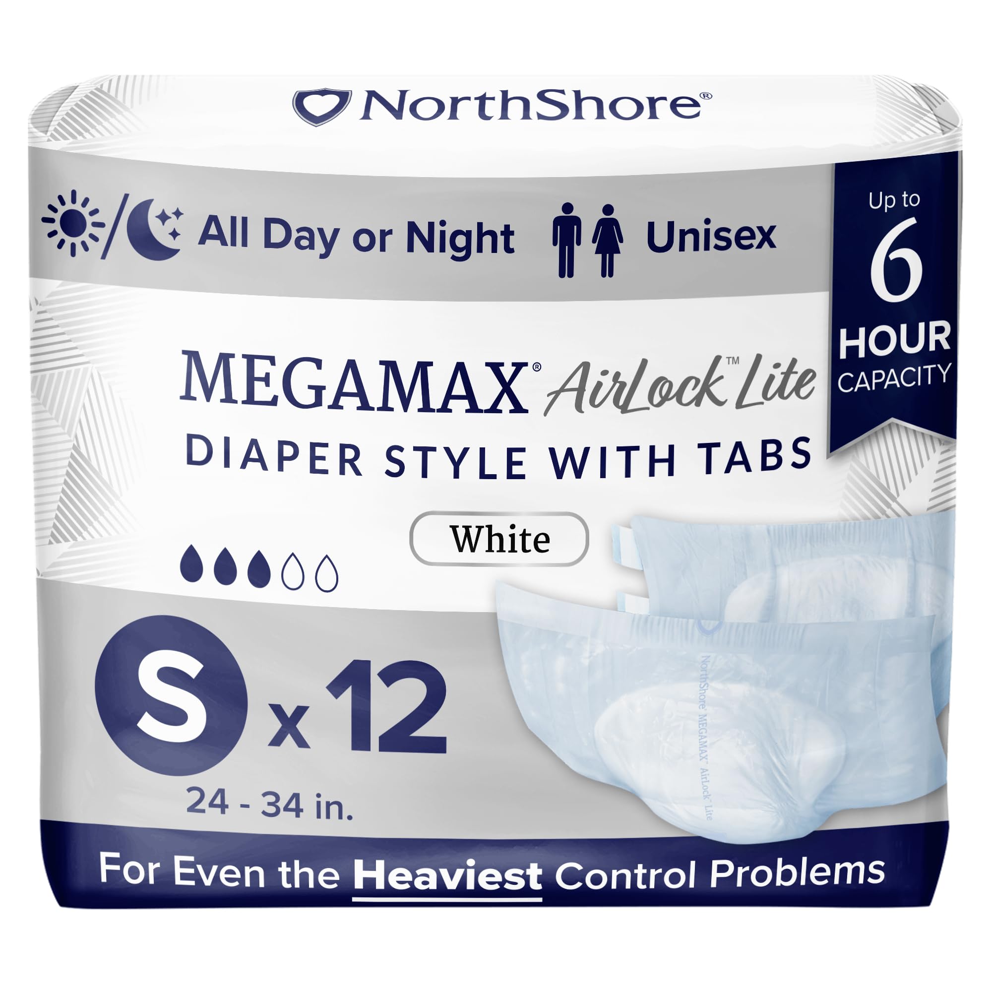 NorthShore MegaMax AirLock Lite Breathable 6-Hour Tab-Style Adult Diapers, Small, 12 Count Bag, White, 24-34 inches, Unisex Incontinence Underwear