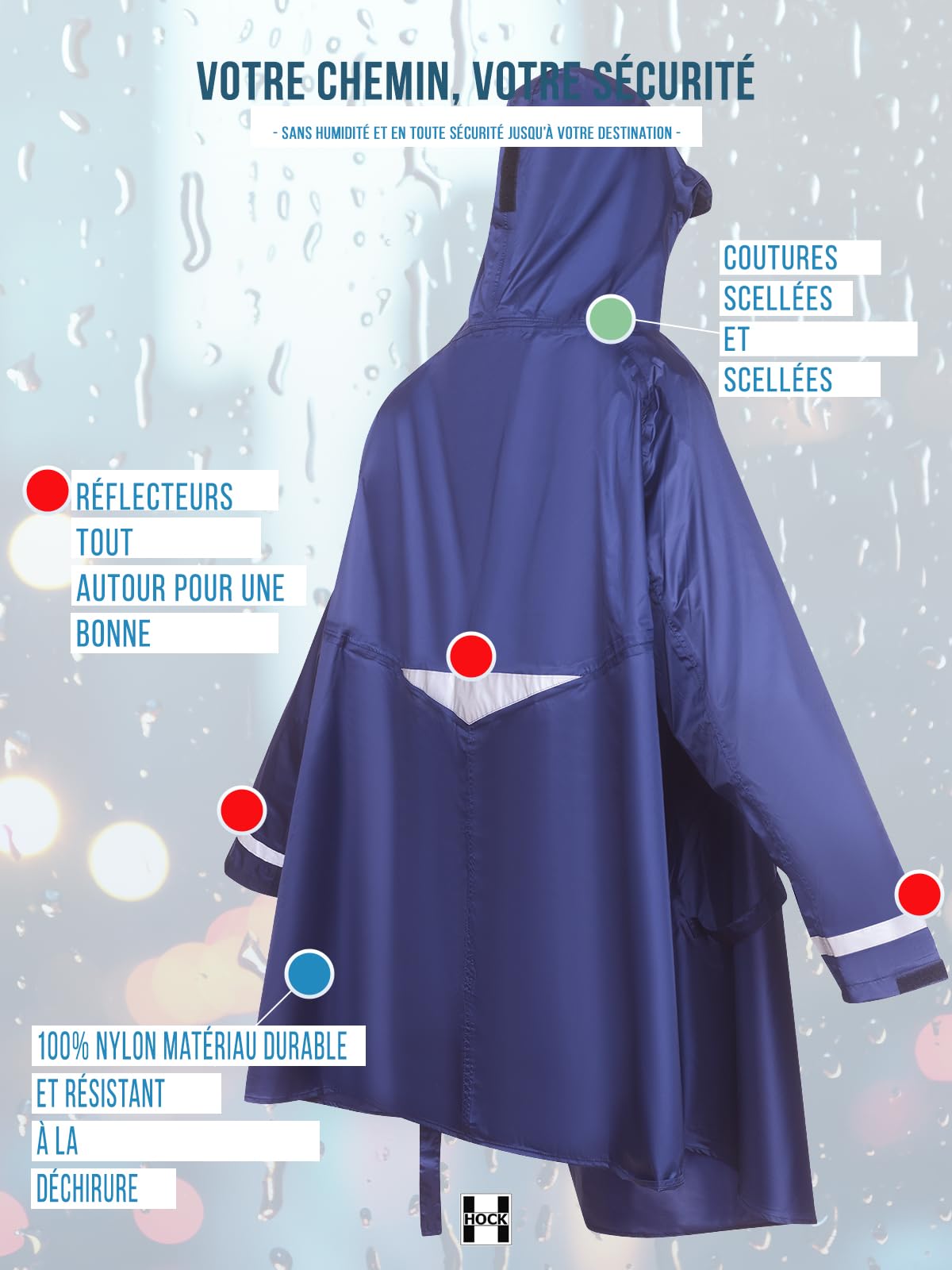HOCK Premium Poncho E-Bike – Poncho de pluie avec manches pour vélo et E-Bike (FR/ES, Alpha/lettres, TTG, Taille normale, Taille normale, Jaune)