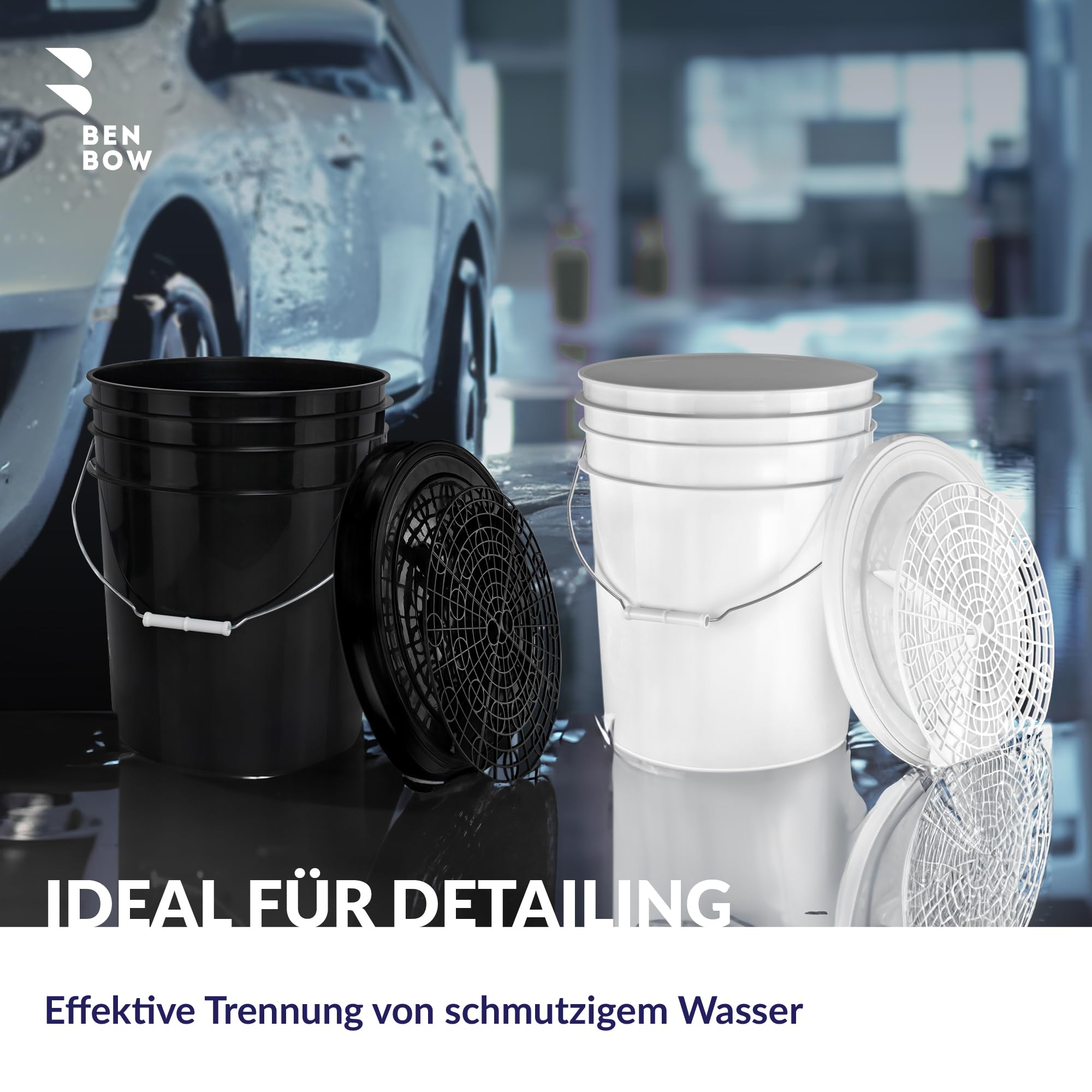 BenBow kit de Lavage Auto : 2 seaux de 20 litres avec 2 grilles de Lavage filtrantes et 2 couvercles de Seau - idéal pour Un Nettoyage Efficace et sans Rayures - de Lavage à Deux seaux
