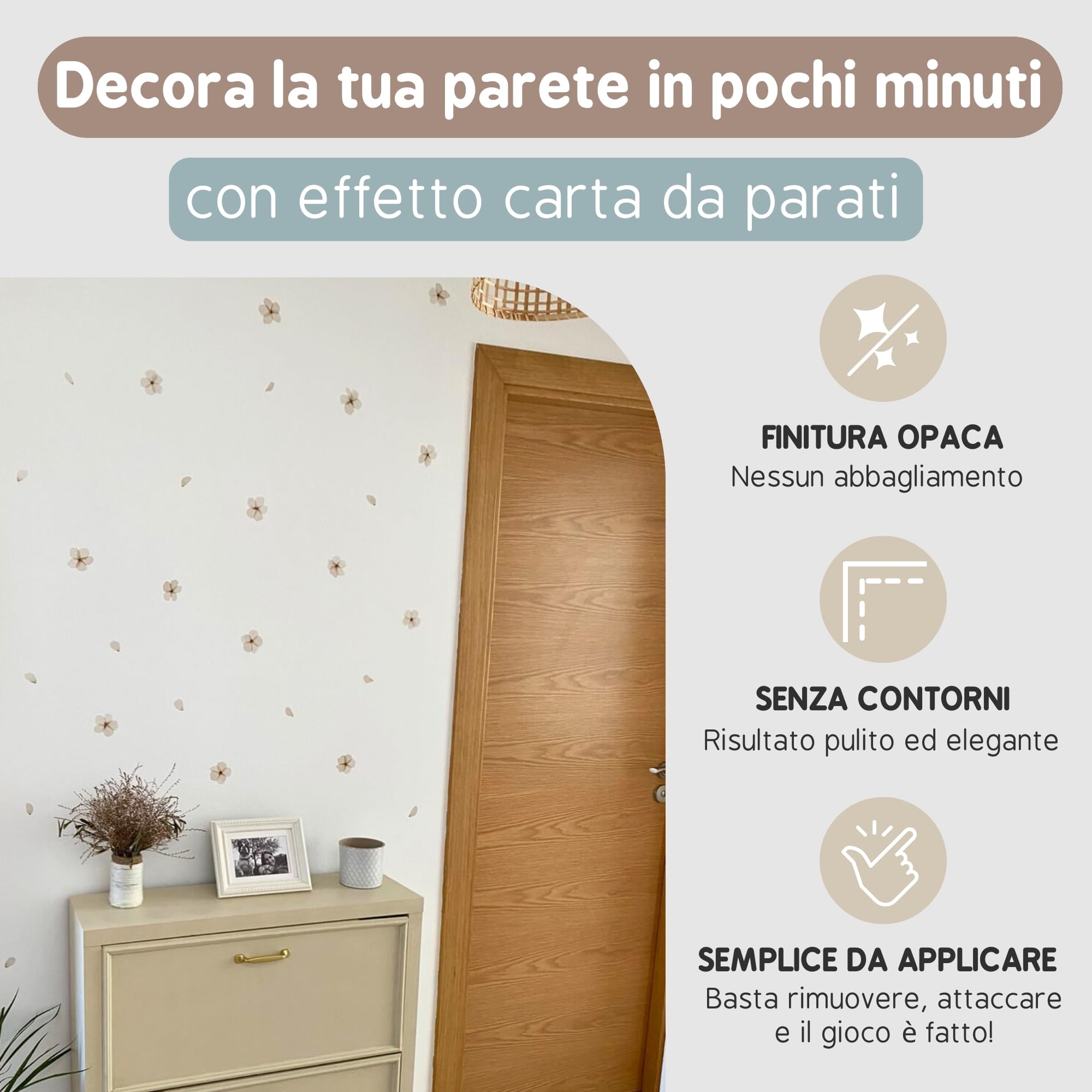 Adesivi Murali Bambini | Adesivi Cameretta Bambino Bimba Fiori Acquerello | Effetto Carta da Parati Adesiva | Copre 6 m² | 72 fiori y 60 petali | TRESXICS (Marrone)