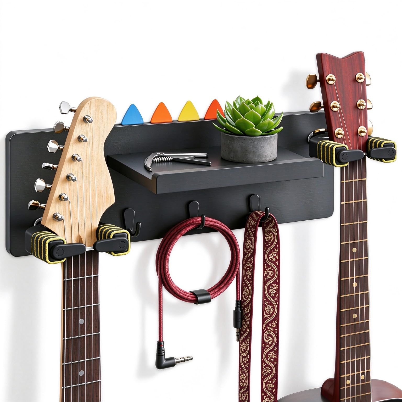 Bikoney Guitar Wall Mount Shelf with 3 Hooks, Auto Lock Dual Guitar Hanger