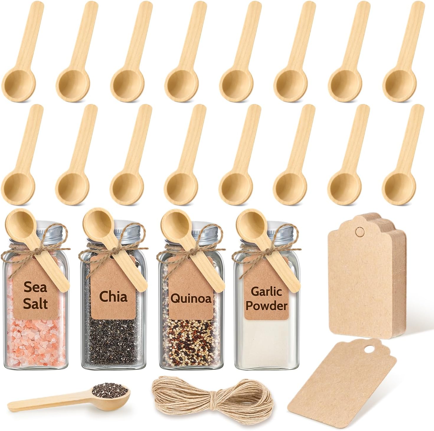 Morgles 20 Pack 3 Inch Mini Wooden Tasting Spoons with Tags & Twine - Ideal for Spice Jars, Jam, Honey DIY Labels