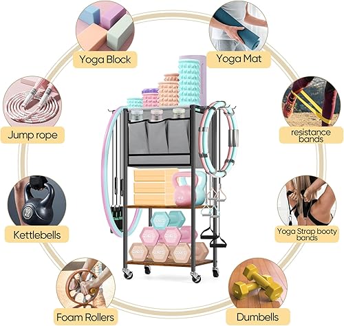 Miniatura 4 de Estante de pesas para gimnasio en casa, estante de tela para esterilla de yoga, organiza tapetes de yoga, rodillos de espuma, mancuernas, pesas