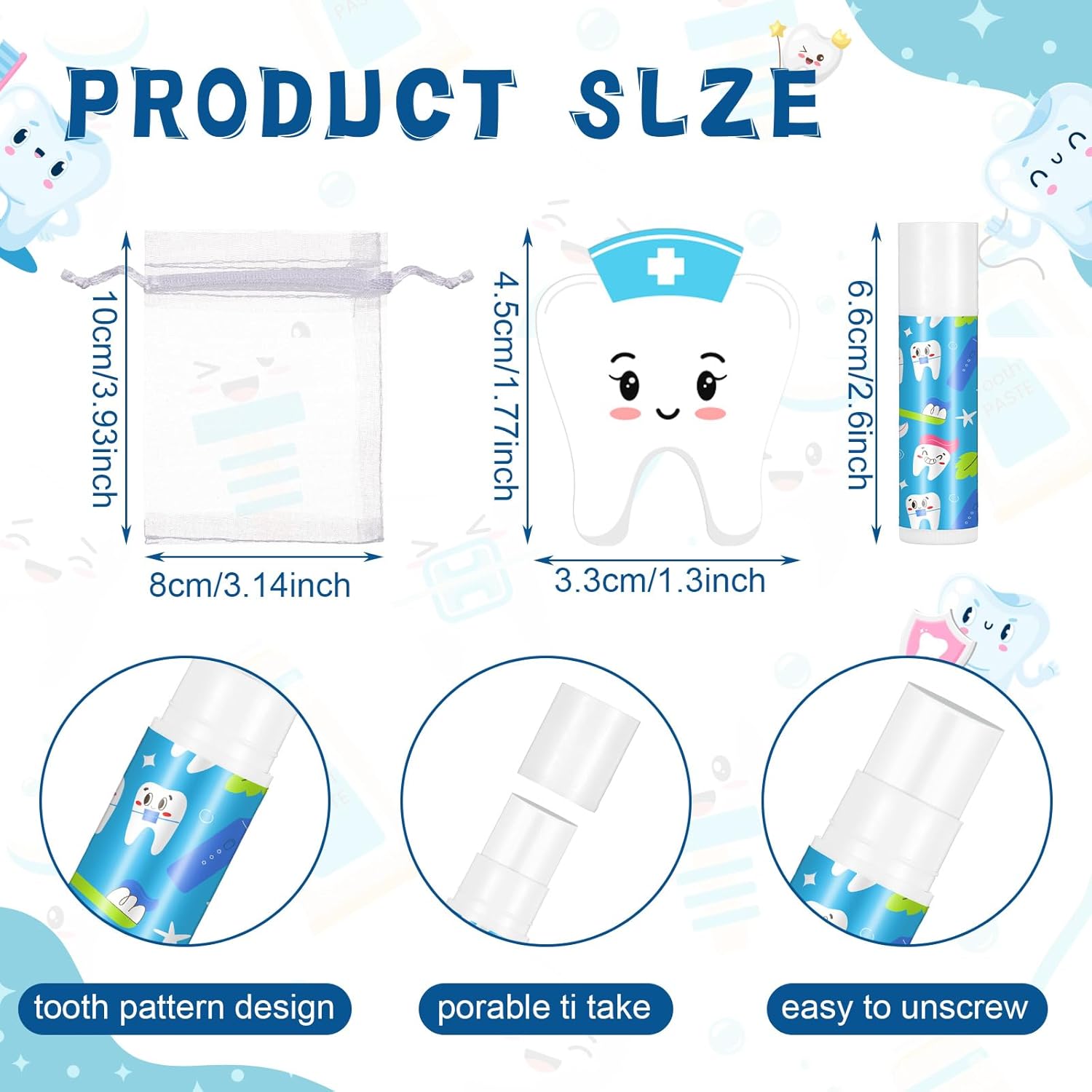 36 Set Dental Gift Teeth Lip Balm Tooth Shape Card Organza Bag Dental Assistant Accessories Dentist Hygienist Appreciation Stuff for Women Doctor Nurse CNA Week Graduation Birthday Party Favor