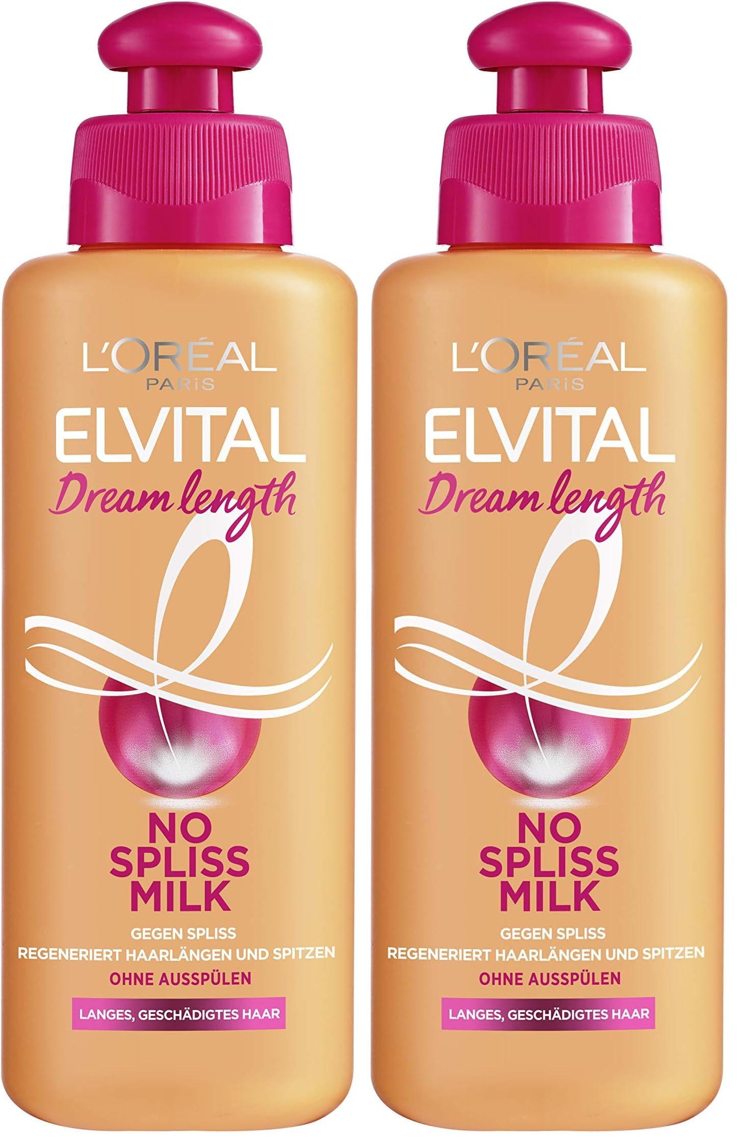 L'Oréal Paris Elvital Leave-In Haarkur gegen Spliss, Für langes, geschädigtes Haar, Ohne Ausspülen, Ohne Parabene, Mit Rizinus-Öl, Dream Length No Spliss Milk, 1 x 200 ml (Packung mit 2)