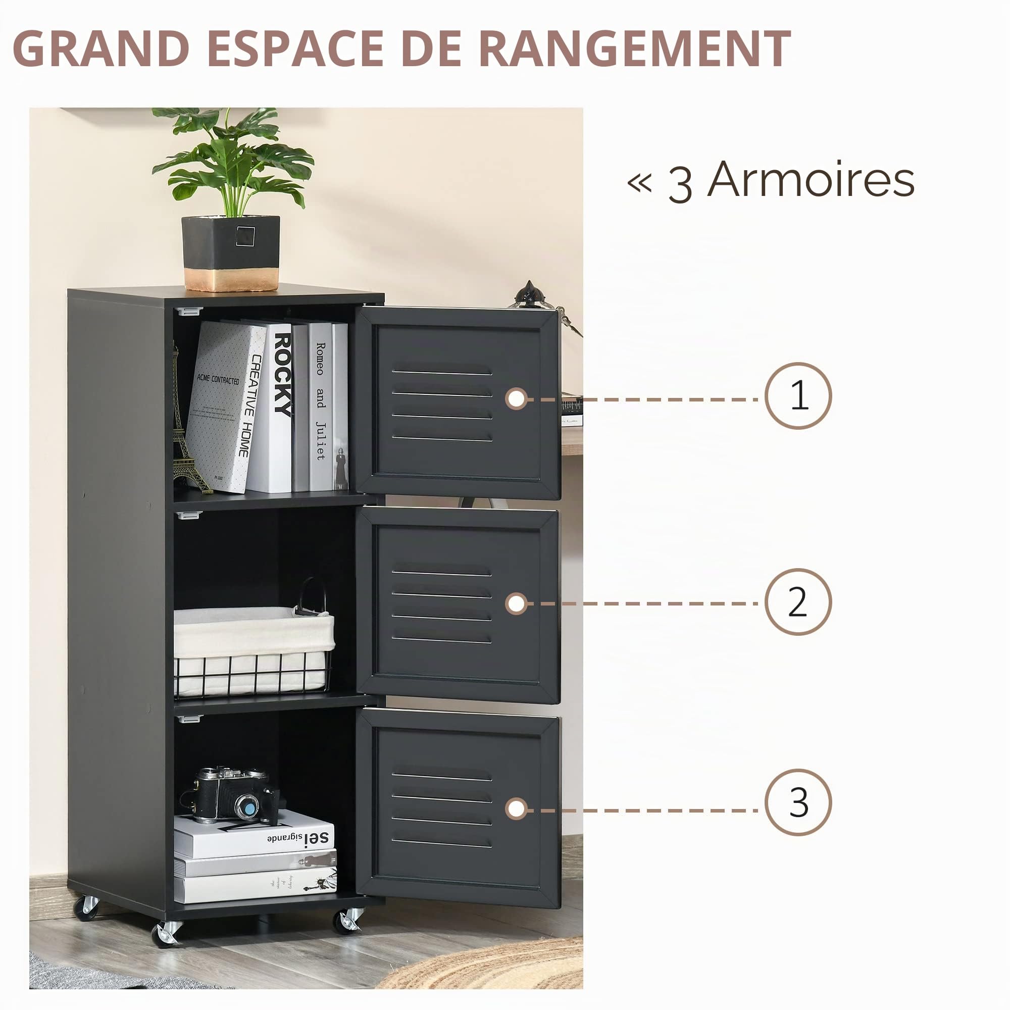 HOMCOM Armoire de Rangement à roulettes à 3 Niveaux avec roulettes et Portes en métal pour Bureau à Domicile, Salon, Noir