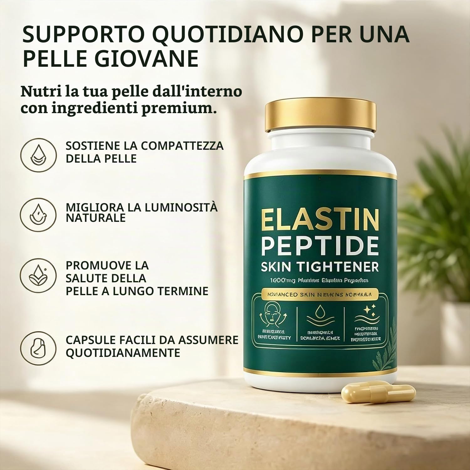 Peptidi di elastina 1000mg, riduce segni dell'invecchiamento, migliora salute, tonicità ed elasticità della pelle, adatto a donne e uomini