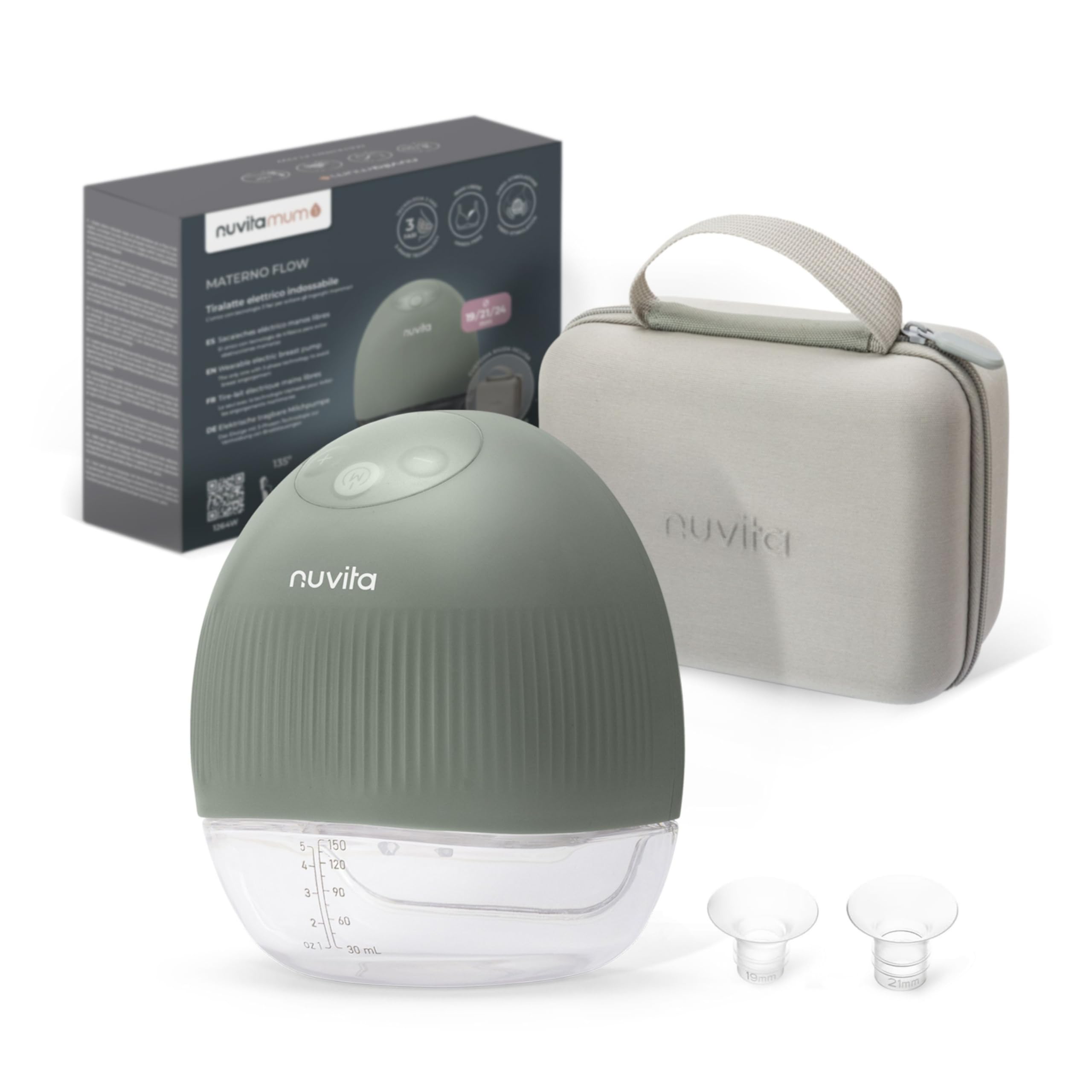 Nuvita 1264W Tiralatte Elettrico Indossabile 3 Fasi con Vibro-Stimolazione – Silenzioso, Portatile, Batteria Ricaricabile USB-C, 4 Cicli Completi, Coppa Silicone 24mm con Riduttori, Custodia Rigida