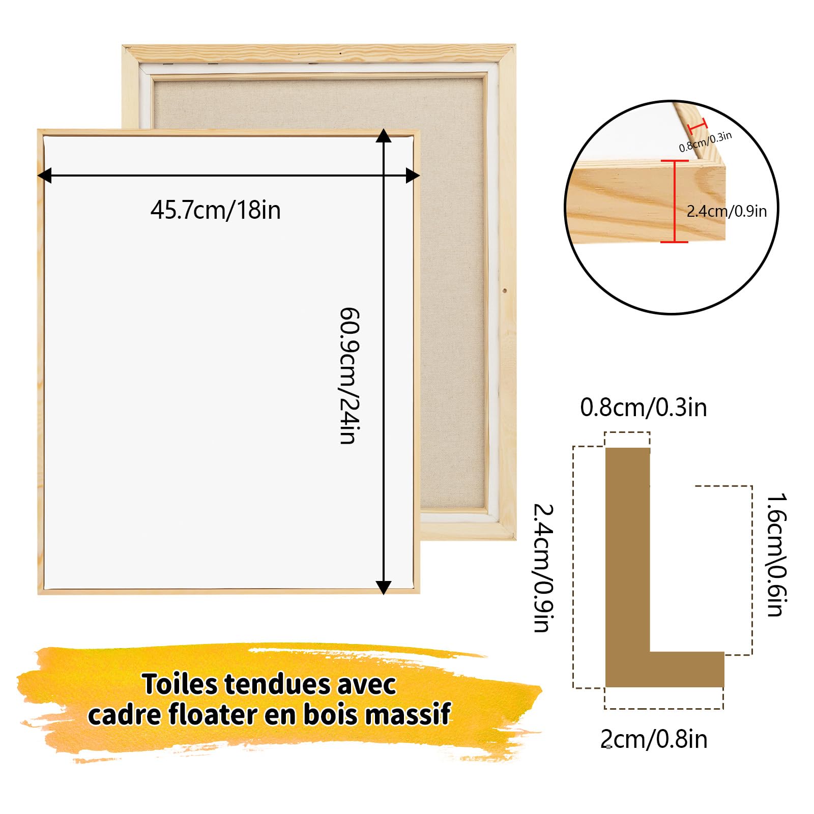 Lot de 4 Toiles Tendues 45x60 cm avec Cadres Flottants en Bois Naturel – Mélange Coton-Lin 400 g/m², Triple Apprêt Titane Sans Acide, Finition Galerie – Prêt à Accrocher