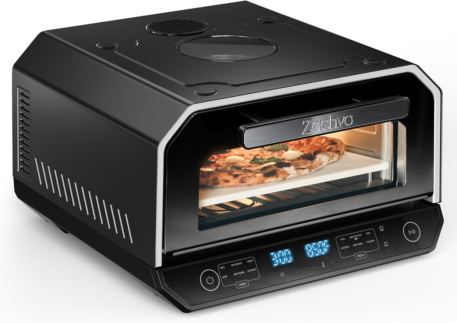 Indoor Pizza Oven, 12 Inch Pizza in 90 Seconds, Heats up to 850°F Pizza Maker, 12-in-1 Multi-Function with Bake, Roast, Grill & Dehydrate, 12 Touchscreen Presets, Pizza Stone & Peel Included, Black