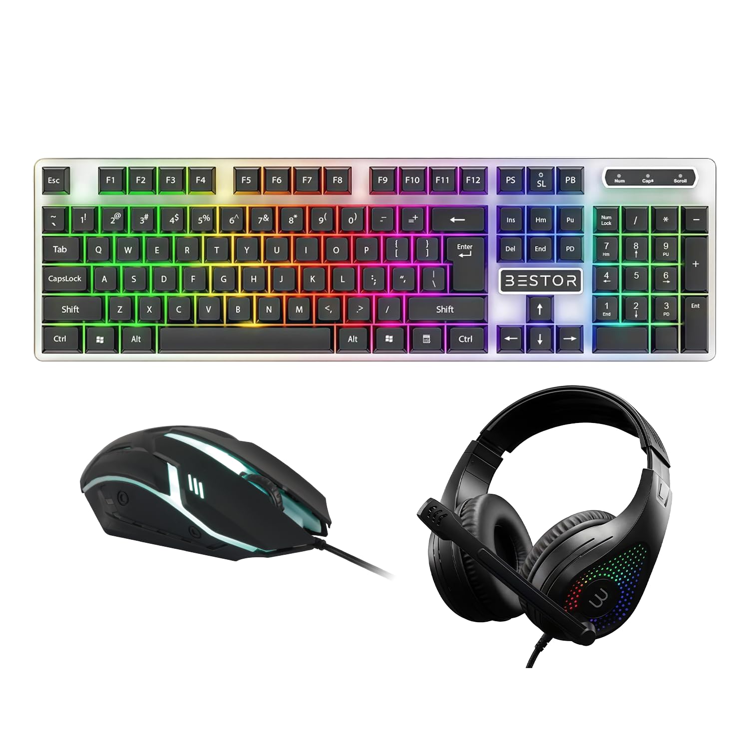BESTOR 3 in 1 RGB Gaming Combo – Backlit Full-Size Keyboard with LED Indicators Precision RGB Gaming Mouse & Over-Ear Headset with Mic | USB Gaming Keyboard Mouse Headphone Set for PC Laptop & Console