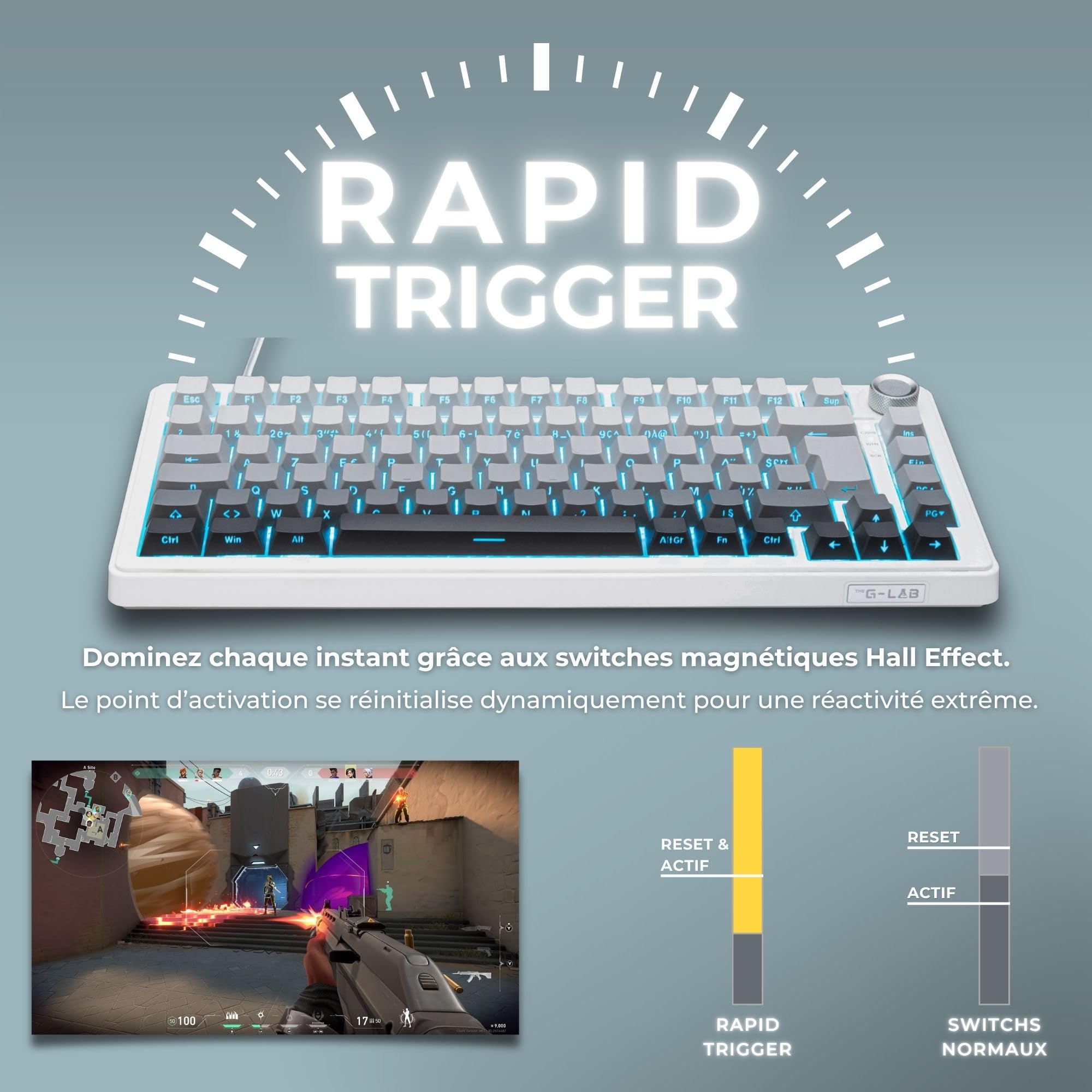 The G-Lab - KEYZ Elite 300 HE GRW - Magnetyczna Klawiatura Gamingowa Hall Effect 75% AZERTY FR, Przewodowa USB, 8000 Hz Rapid Trigger, Regulowana Aktywacja 0,01 mm, PBT Hot-Swap, RGB i Makra - Win/Mac