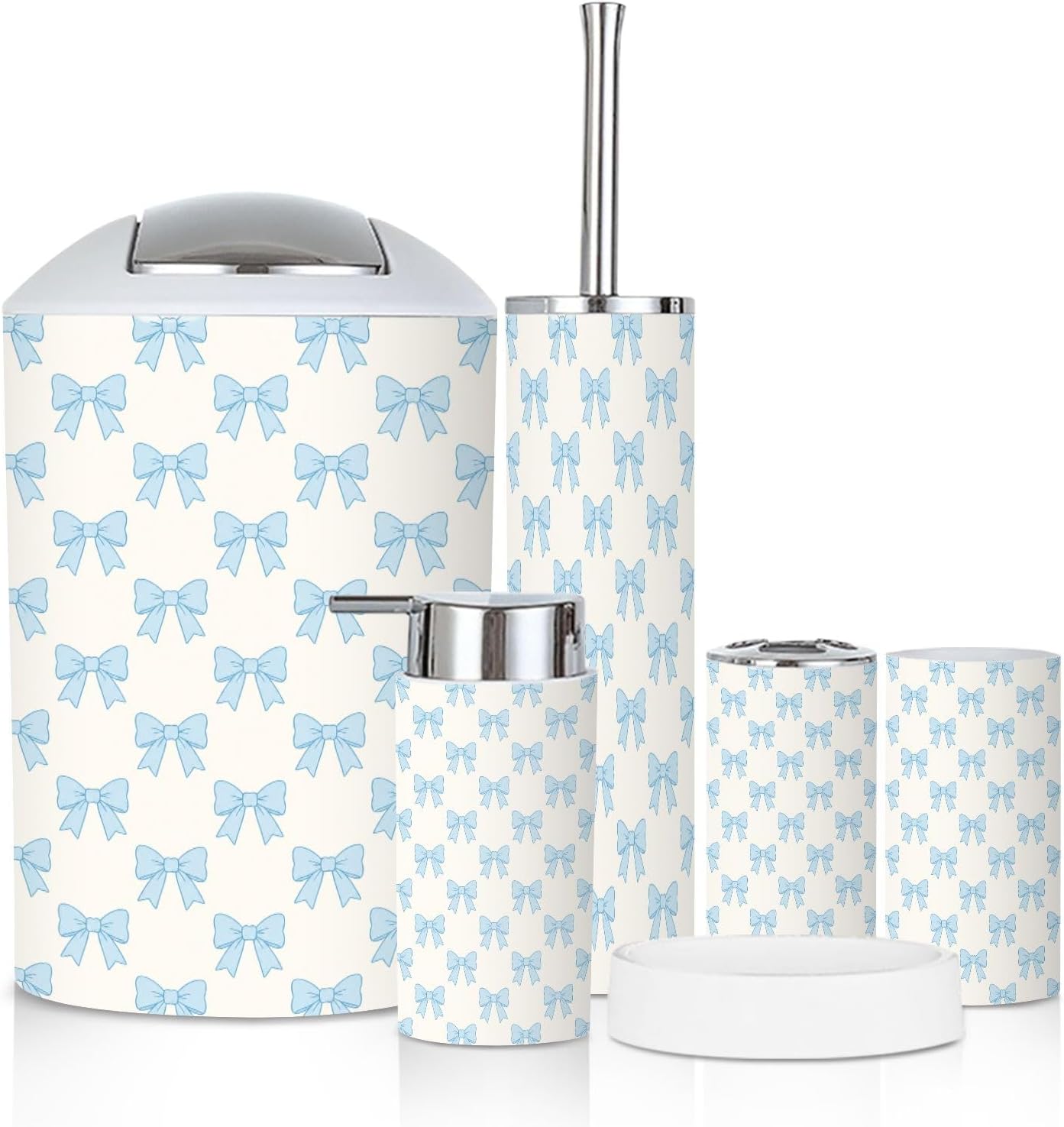 Bathroom Accessory Set 6PCS Seamless Cute Blue Bows Trendy Hair braiding Accessory Hand Trash Can, Soap Dispenser, Toothbrush Holder, Toothbrush Cup, Toilet Brush Holder, Soap Dish for Gift